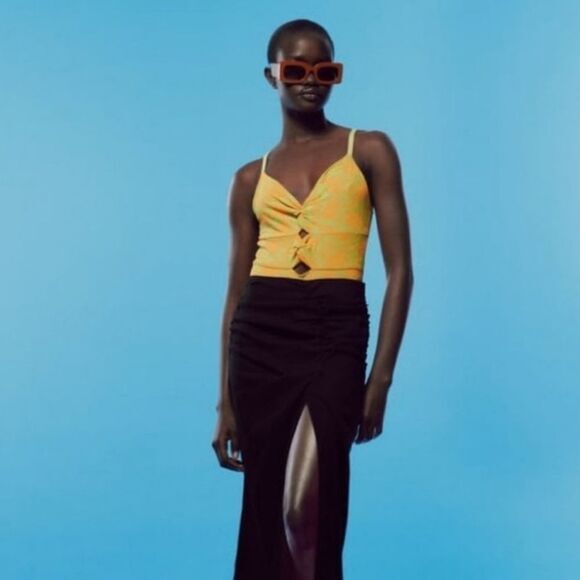 Zara -636 Cut Out Jacquard Lime Green and Tangerine Orange Floral Bodysuit Large - Picture 3 of 8